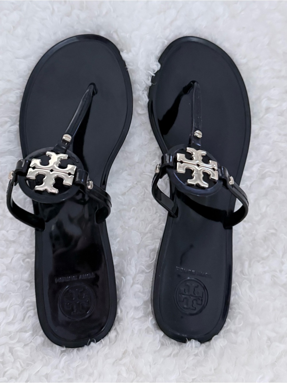 Tory Burch Black Patent Miller Sandals with Gold Logo